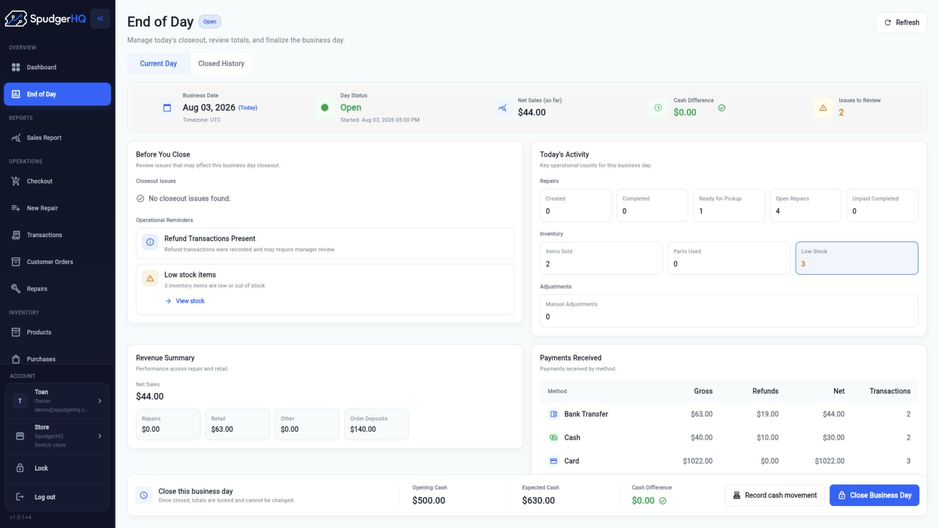 SpudgerHQ end-of-day screen with cash difference and closeout details