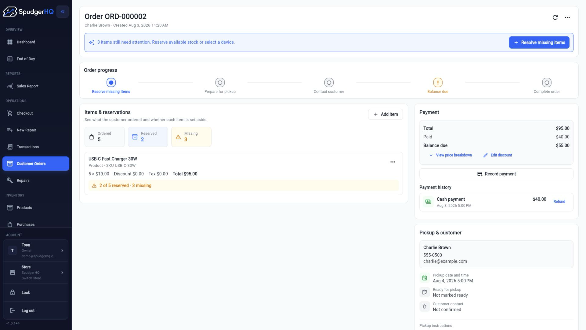SpudgerHQ customer order with reserved stock and payment balance