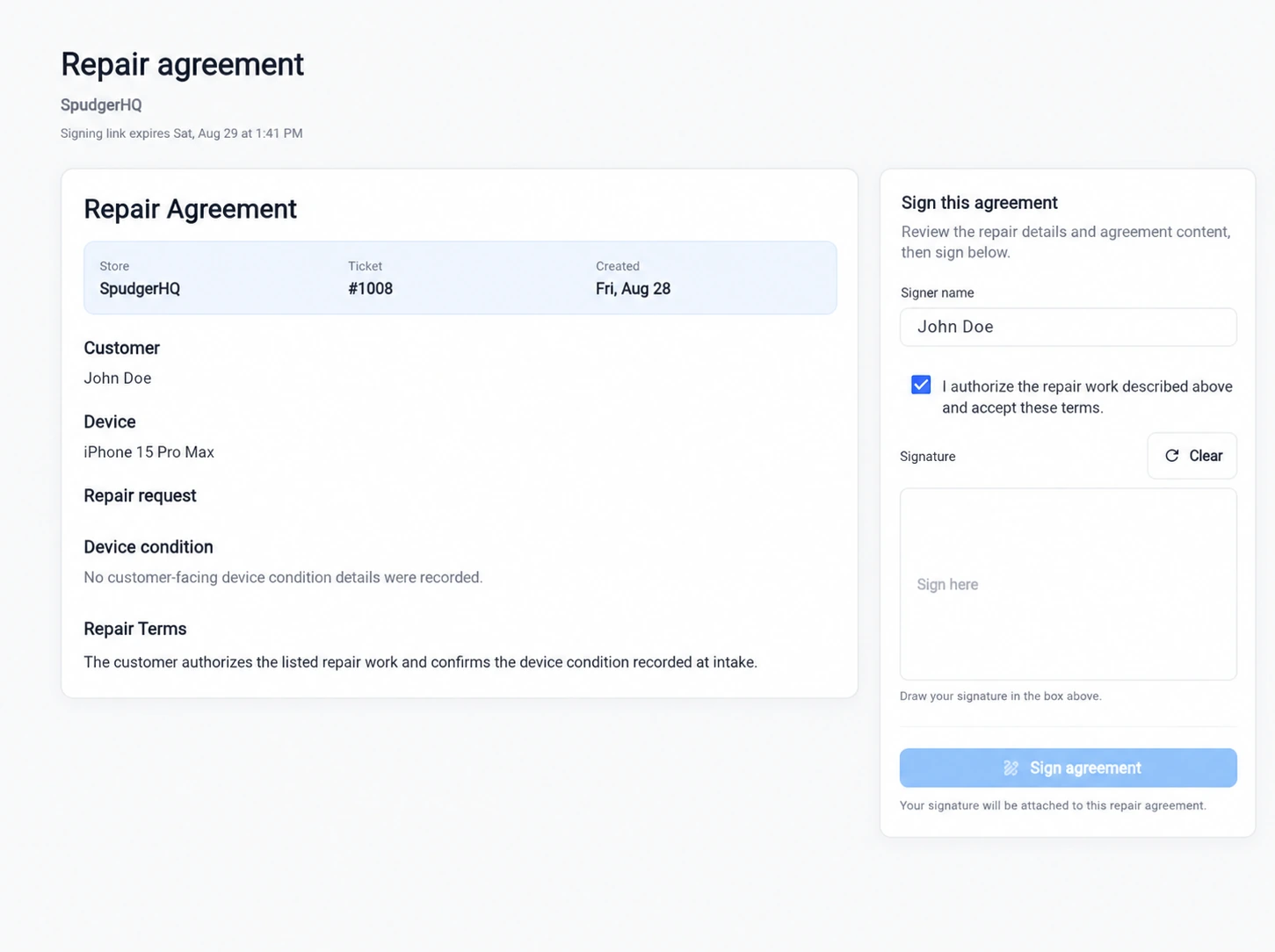 SpudgerHQ customer-facing repair agreement with acceptance checkbox and signature area