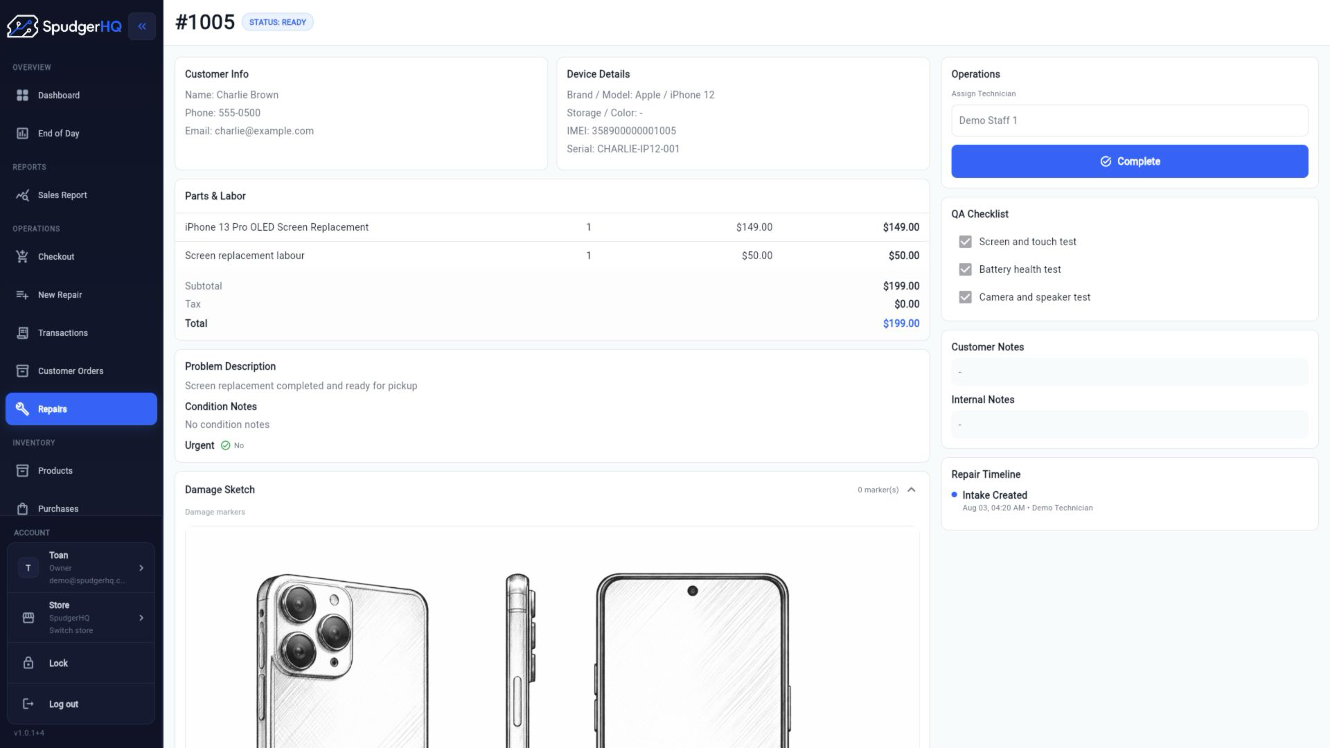 SpudgerHQ repair detail screen with a device damage sketch