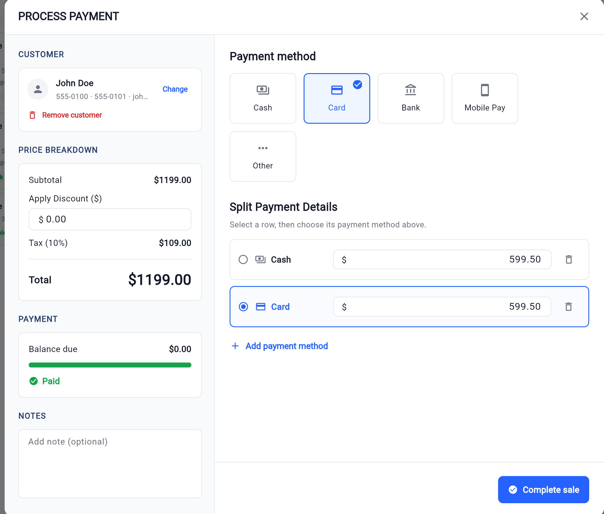 SpudgerHQ payment screen showing split cash and card payments with a paid balance