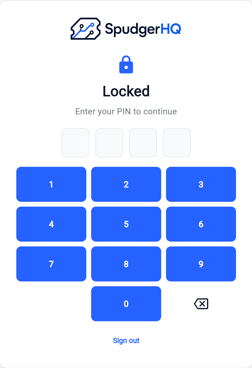 SpudgerHQ locked workspace screen showing a staff PIN prompt and numeric keypad