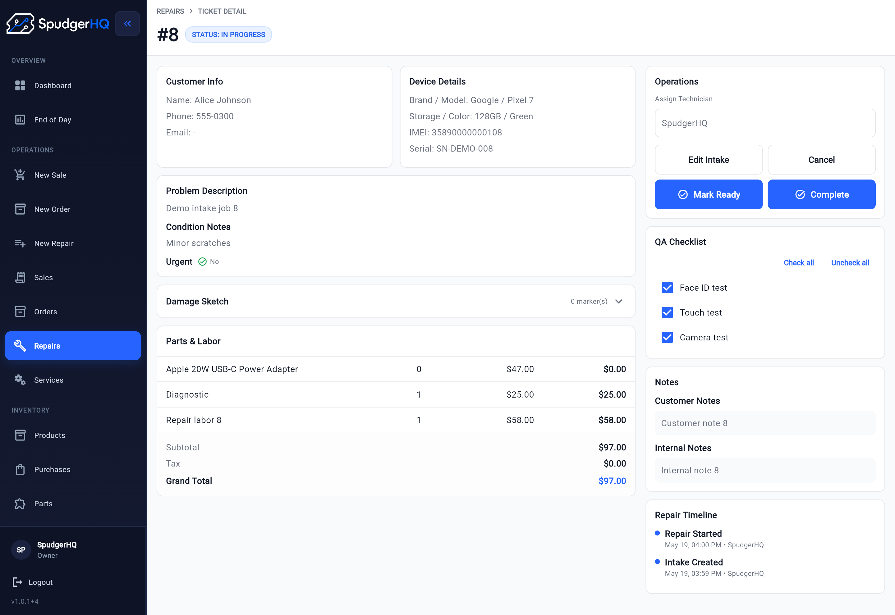SpudgerHQ repair ticket detail with a visible QA checklist